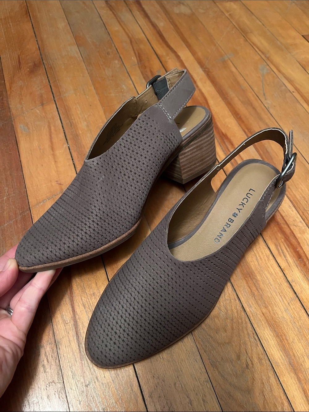 Lucky Brand Taupe Perforated Slingback Block Heel